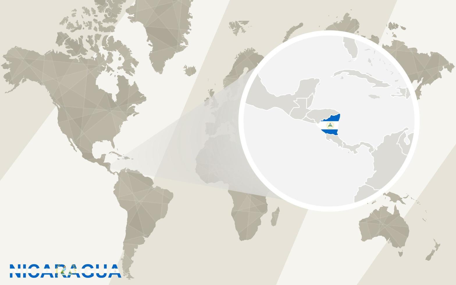 zoom en el mapa y la bandera de nicaragua. mapa del mundo. vector