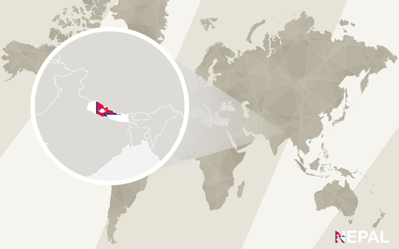 zoom en el mapa y la bandera de nepal. mapa del mundo. vector