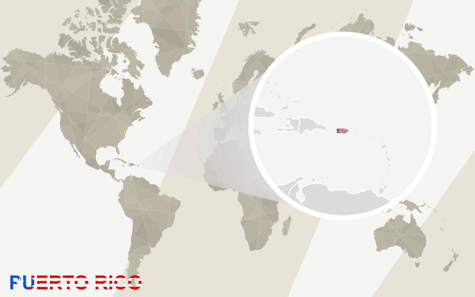 zoom en el mapa y la bandera de puerto rico. mapa del mundo. vector