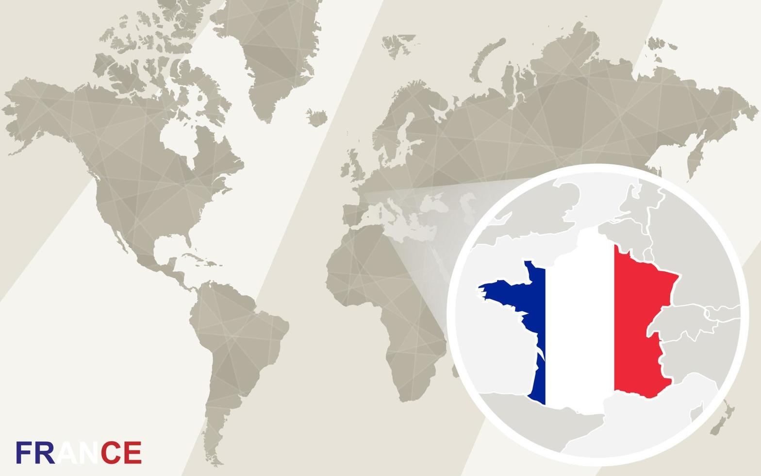 Zoom en el mapa y la bandera de Francia. mapa del mundo. vector