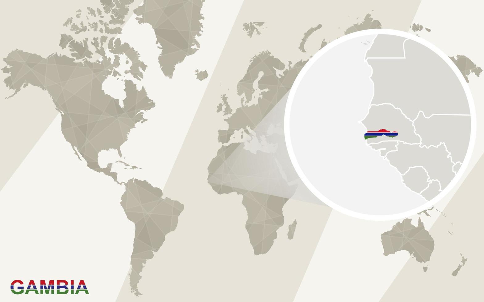 Zoom en el mapa y la bandera de Gambia. mapa del mundo. vector