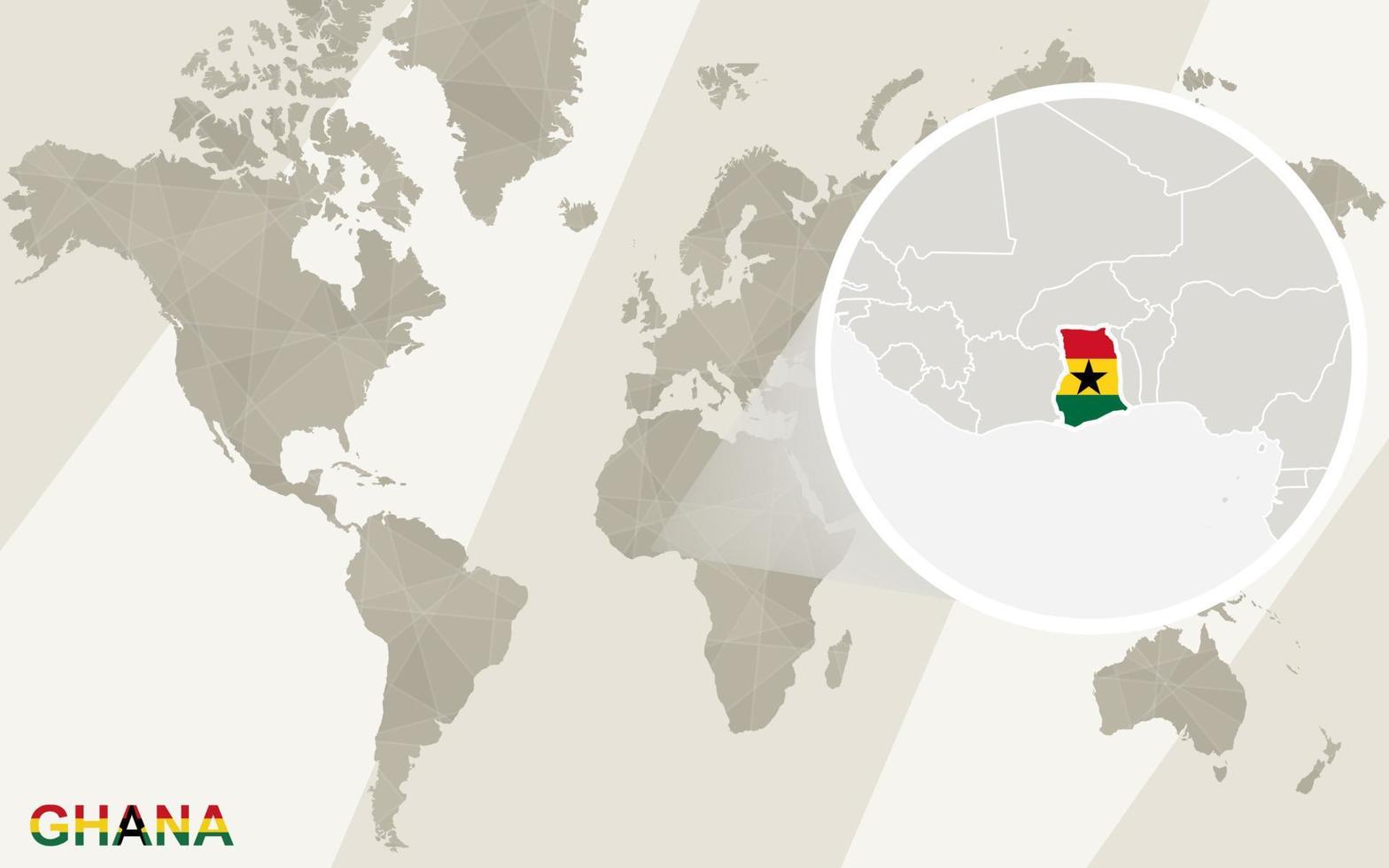 Zoom en el mapa y la bandera de Ghana. mapa del mundo. vector