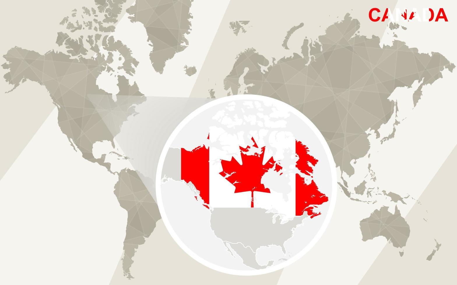 Zoom en el mapa y la bandera de Canadá. mapa del mundo. vector