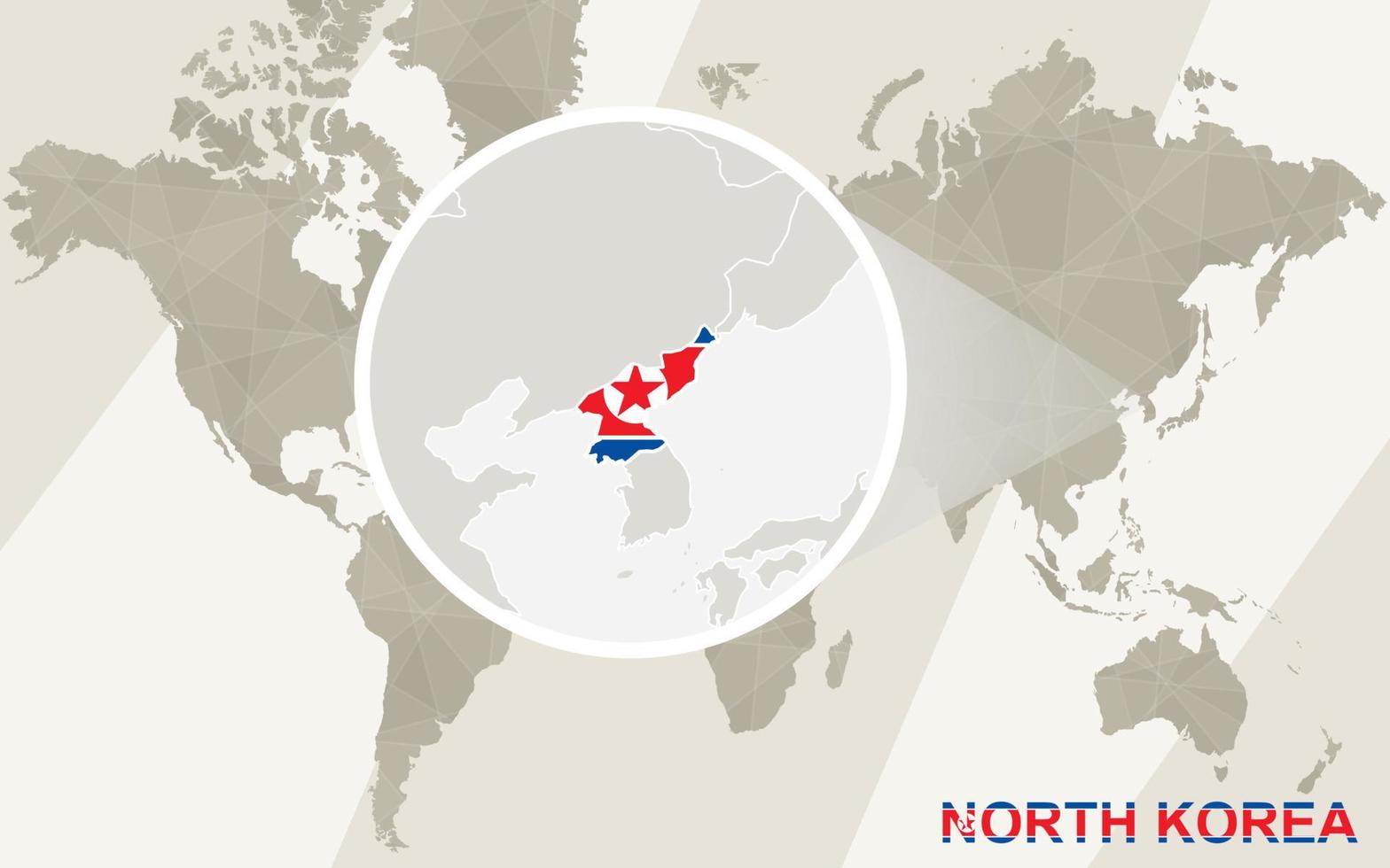 zoom en el mapa y la bandera de corea del norte. mapa del mundo. vector