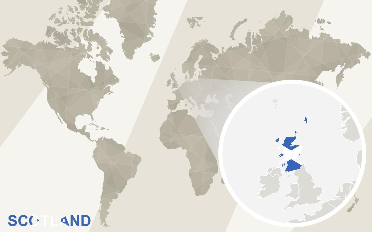 Zoom en el mapa y la bandera de Escocia. mapa del mundo. vector