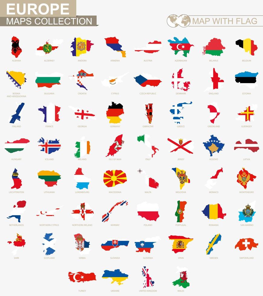 Map with flag European countries collection. vector