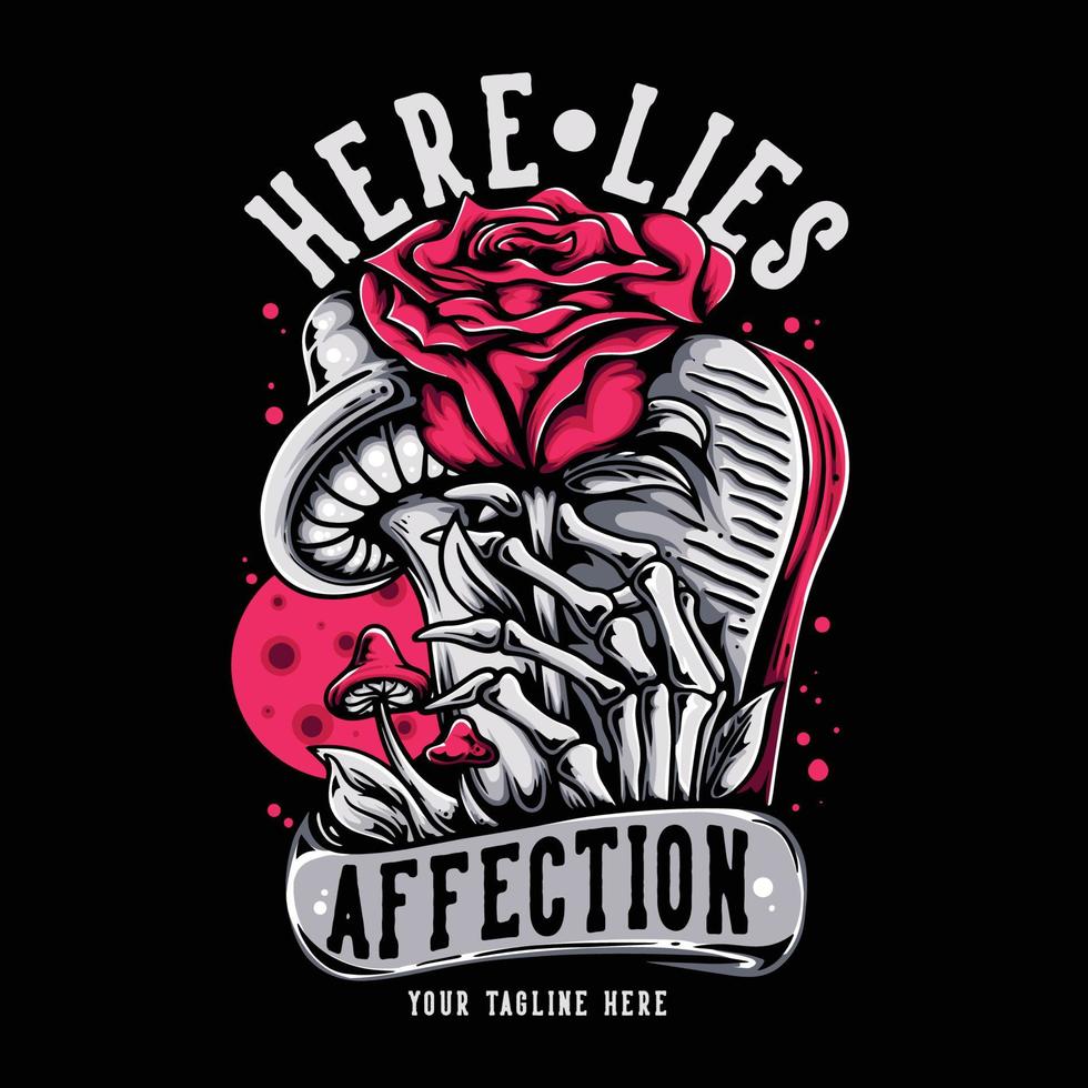 t shirt design here lies affection with skeleton hand rise from grave grabbing rose flower with black background vintage illustration vector