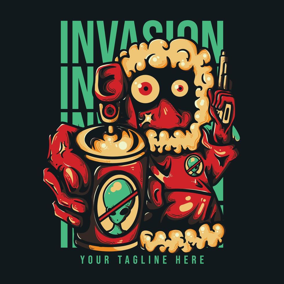 t shirt design invasion with man holding spray tools when holding a pistol vintage illustration vector
