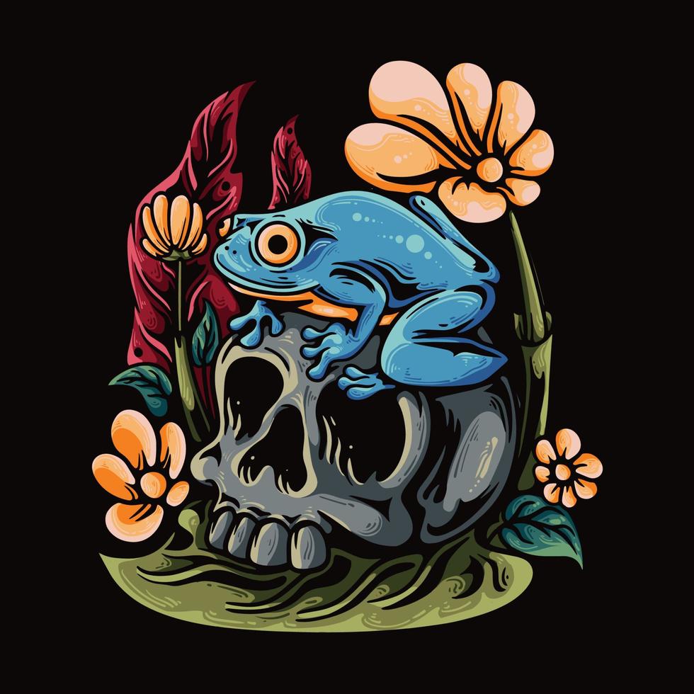vector illustration frog on the skull vintage illustration