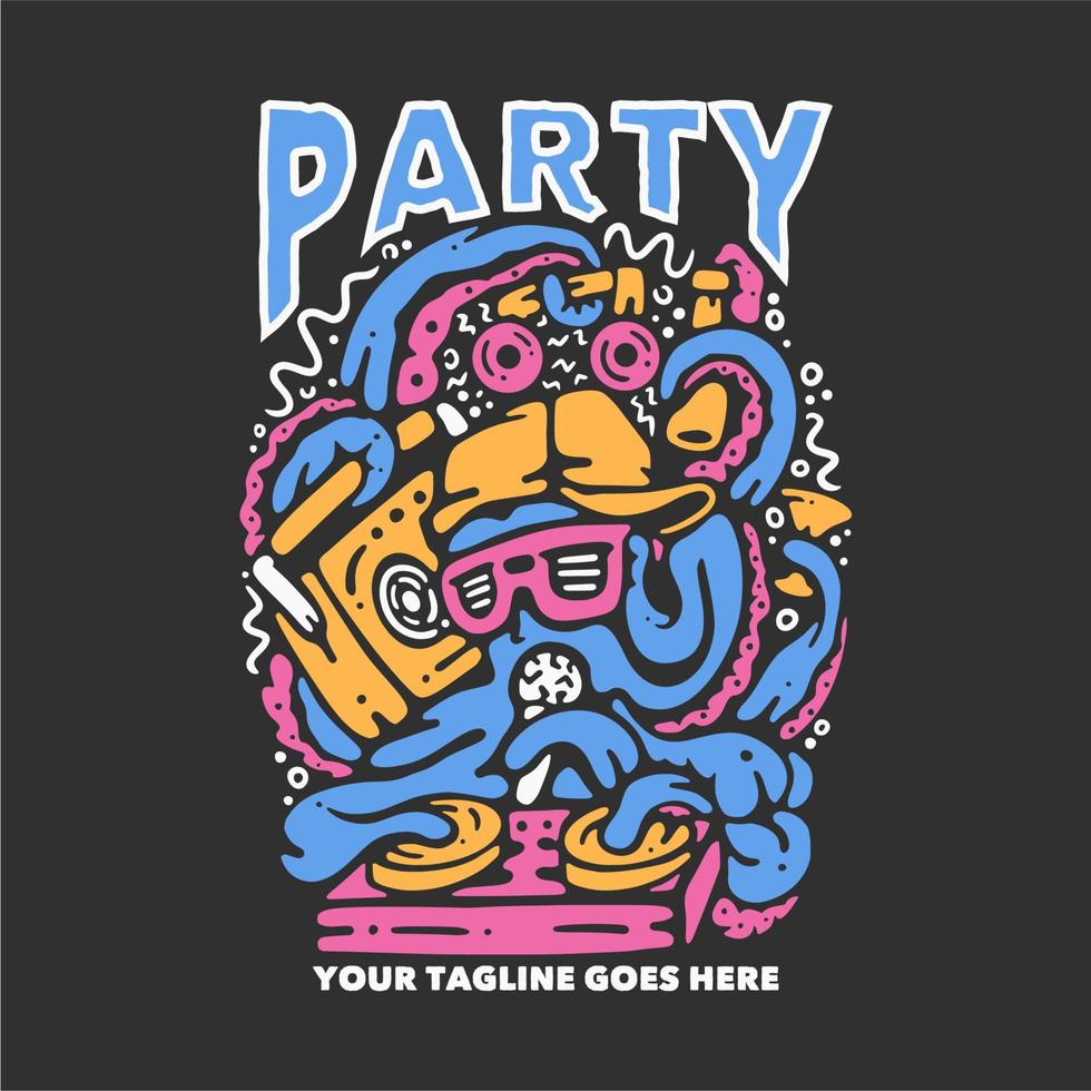 fiesta de diseño de camisetas con pulpo tocando tocadiscos con ilustración vintage de fondo gris vector