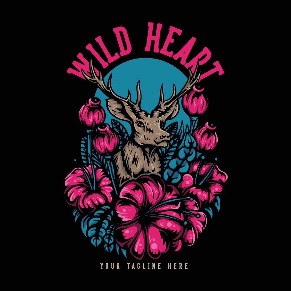 diseño de camiseta corazón salvaje con ciervo rodeado de flores con ilustración vintage de fondo negro vector