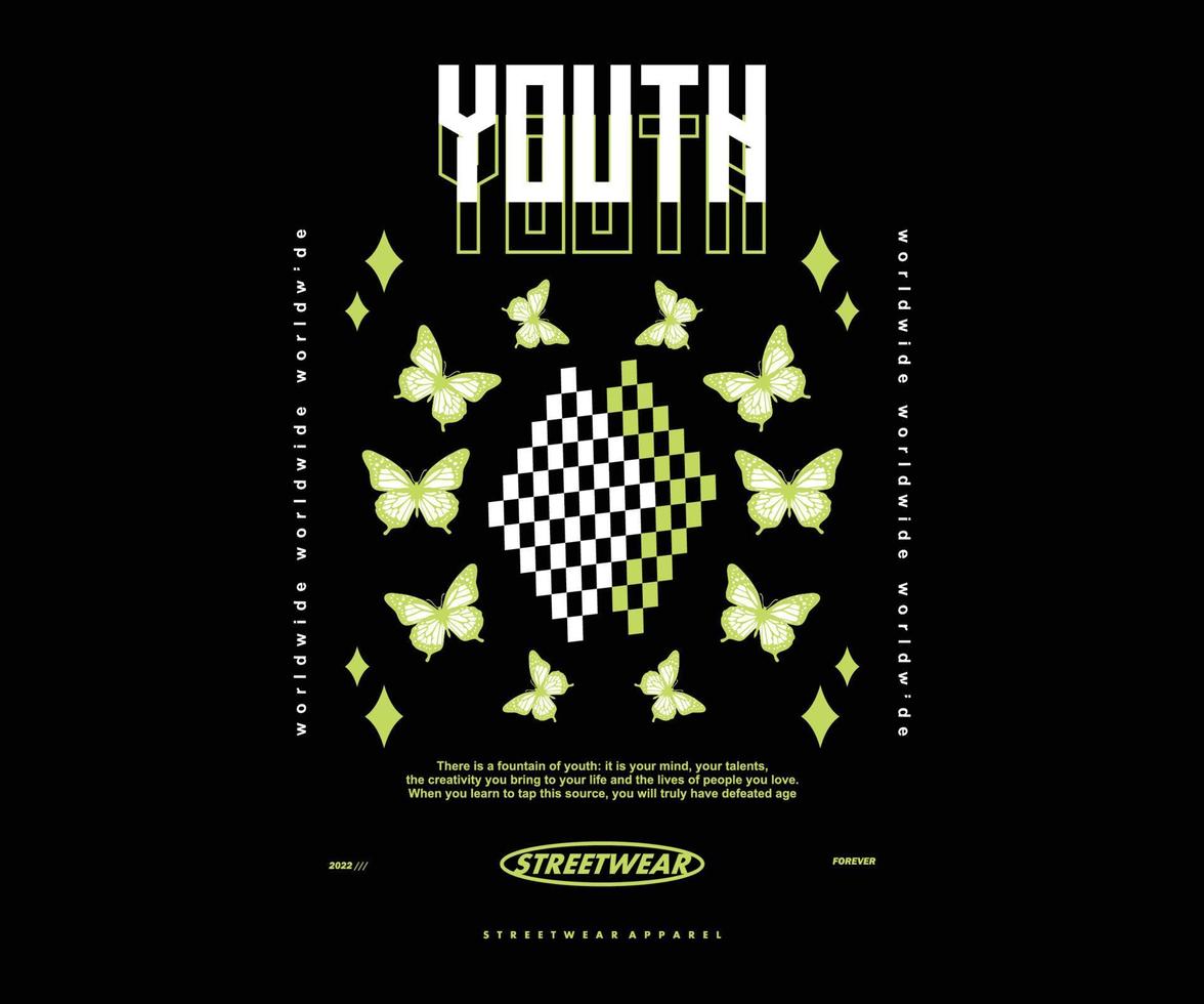 Youth Futuristic illustration of butterfly t shirt design, vector graphic, typographic poster or tshirts street wear and Urban style