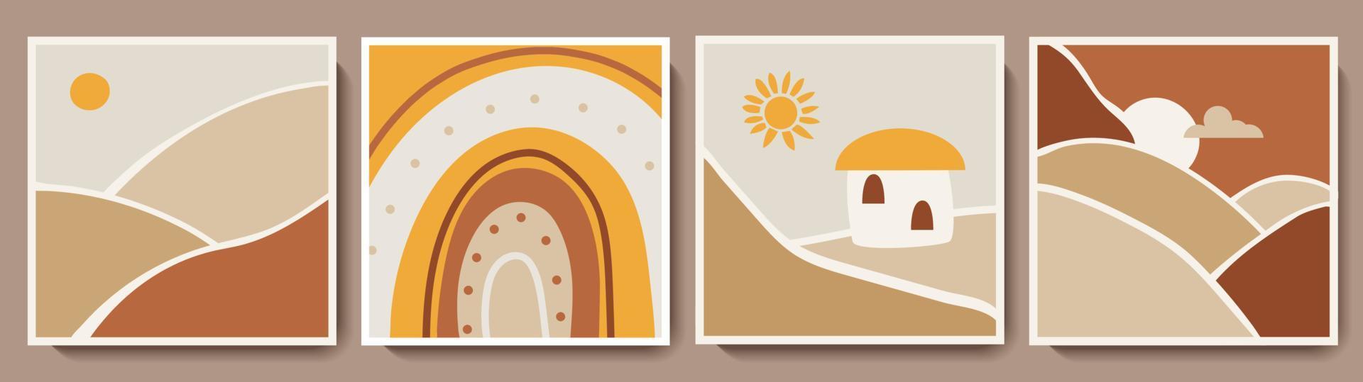 Cute Bohemian card set. Boho nursery posters with mountains, sun, moon, landscape, rainbow, little house. Vector cartoon illustrations collection for kids room decoration