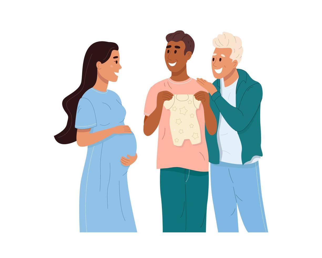 Gay couple becoming parents through surrogacy. Expectant mother holds on big belly and smiles at fathers. Happy men smile while holding clothes for baby. Color flat vector illustration