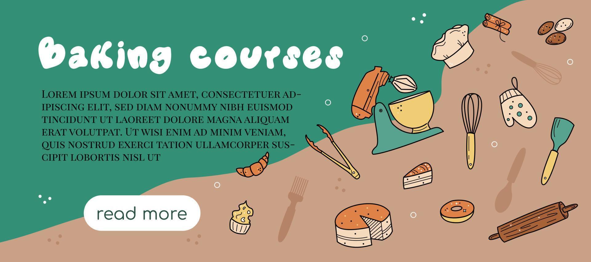 Clases de horneado y fondo de banner de cursos. página web de inicio de clase magistral culinaria para sitio web, afiche, encabezado. ilustración vectorial con utensilios de cocina de fideos y postres vector