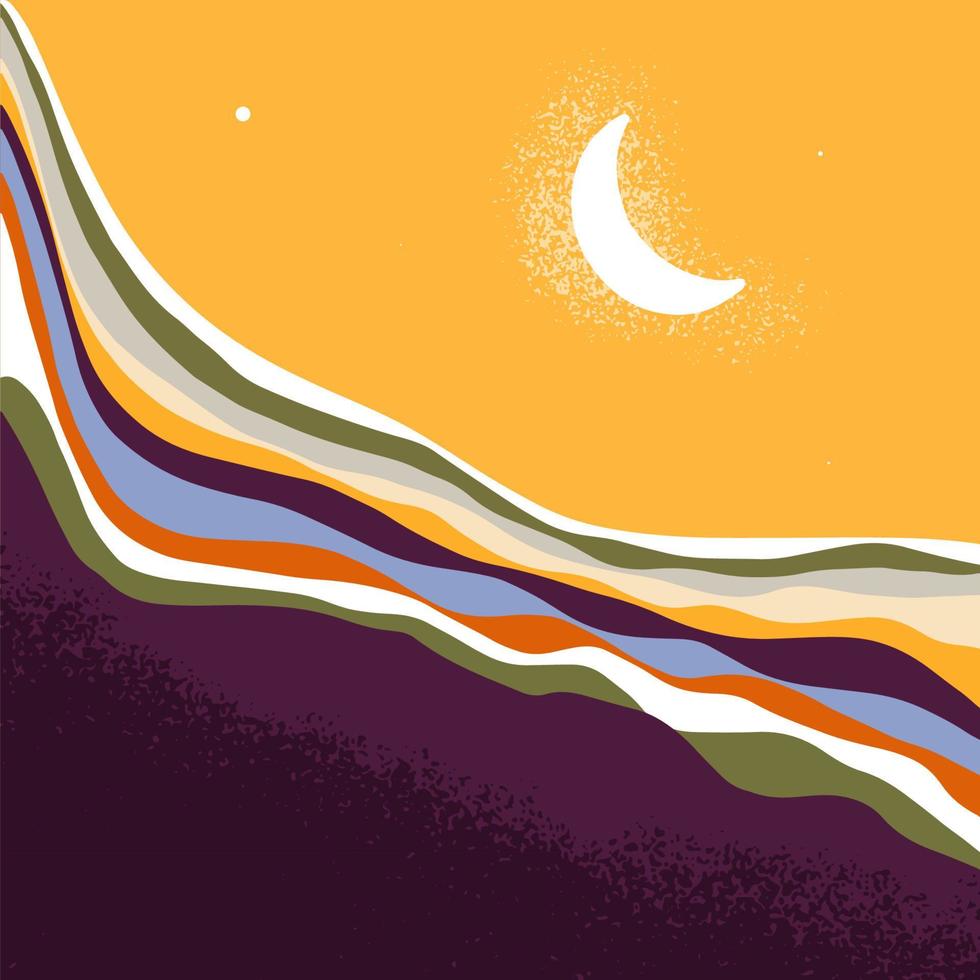 paisaje nocturno abstracto con montañas, estrellas y luna creciente. fondo exterior de color dibujado a mano. impresión de arte moderno minimalista. ilustración vectorial para póster, decoración de pared, tarjeta vector