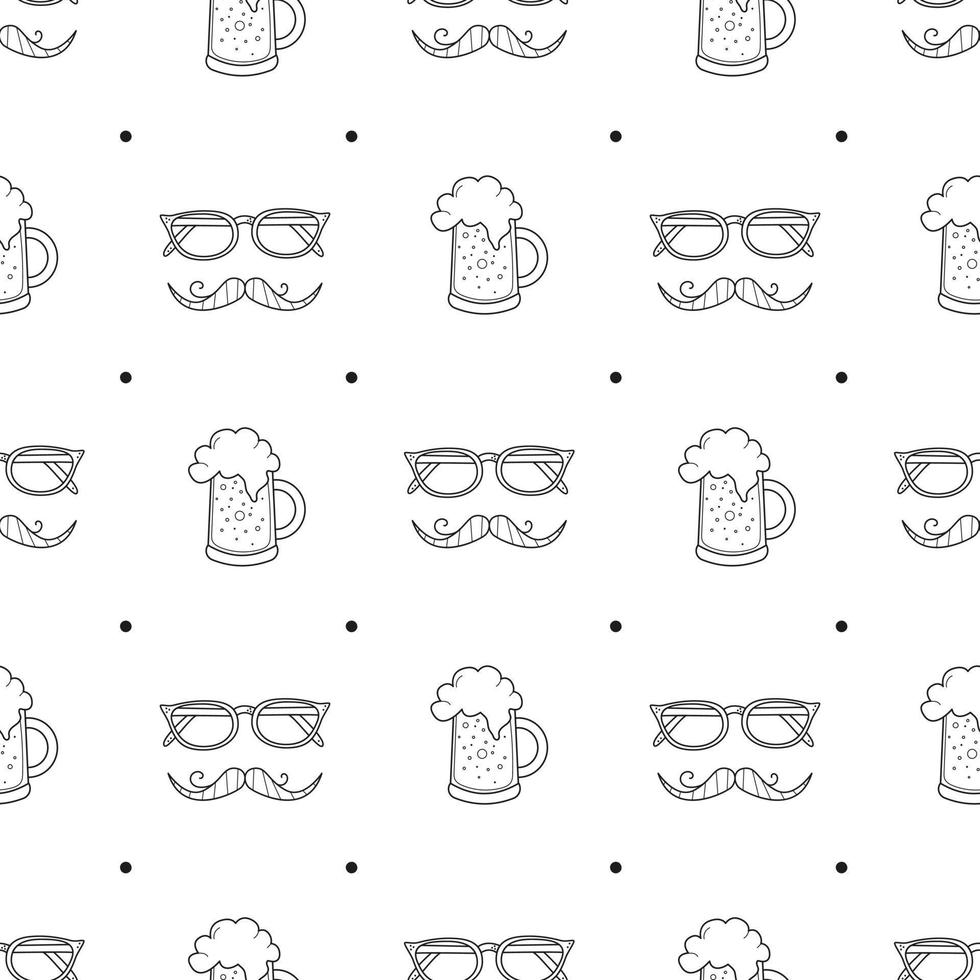 Father's Day Doodle Seamless Pattern. Hipster Repeating Texture with Mustashe, Beer and Eyeglasses. Black and White Vector Endless Pattern Background