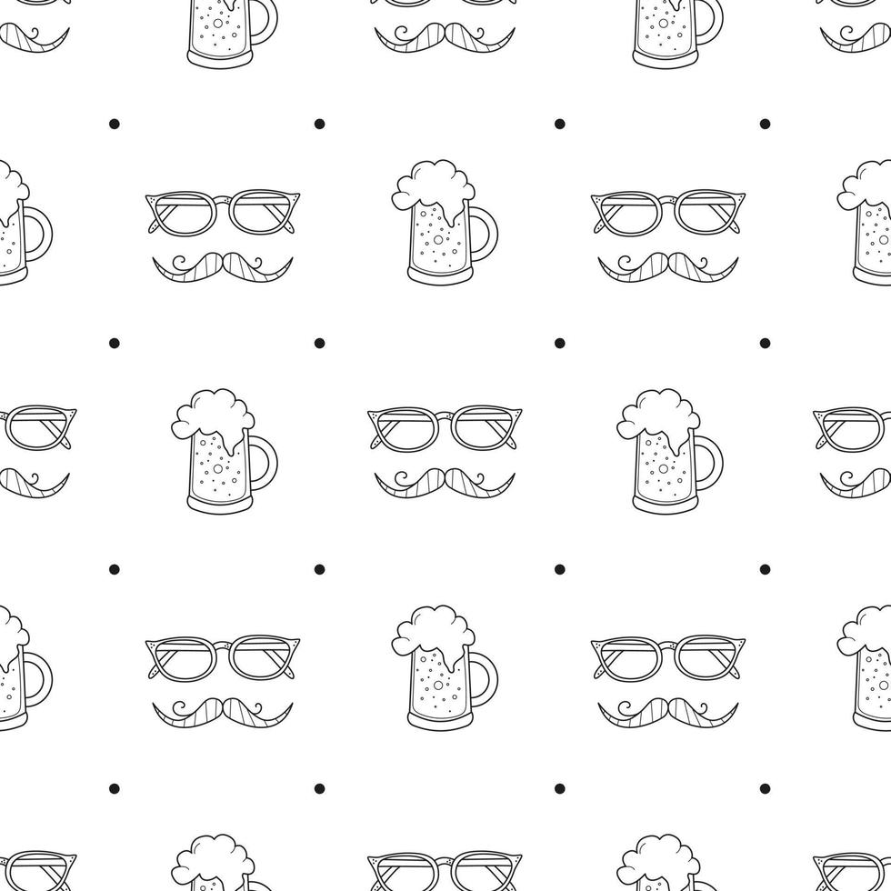 día del padre doodle de patrones sin fisuras. hipster repitiendo textura con mustashe, cerveza y anteojos. fondo de patrón sin fin de vector blanco y negro