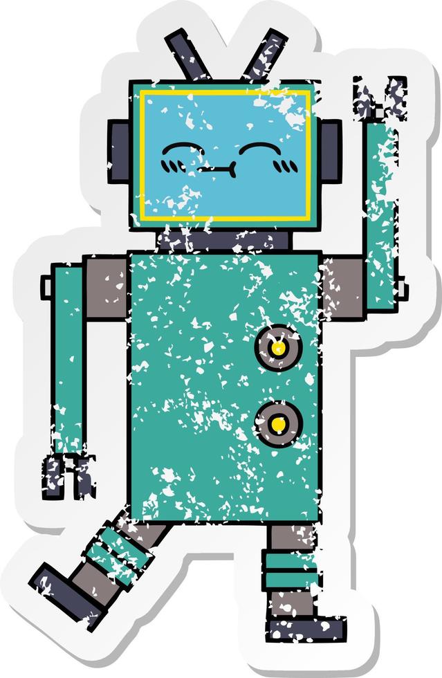distressed sticker of a cute cartoon happy robot vector