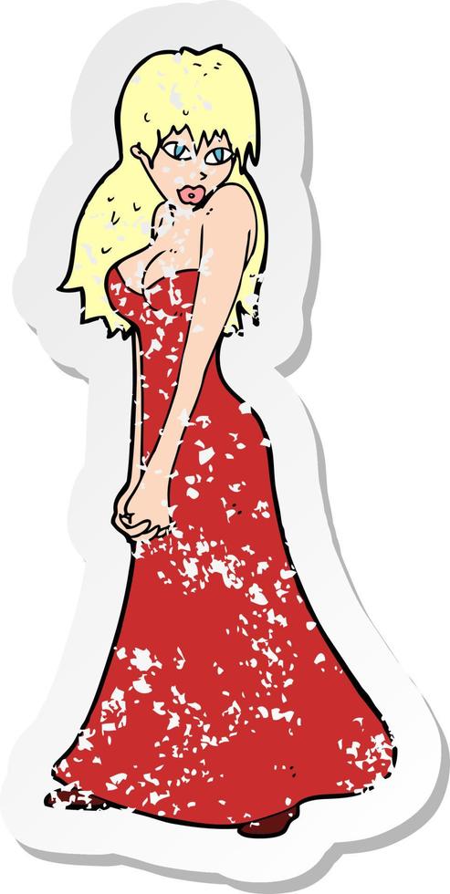 retro distressed sticker of a cartoon pretty woman in dress vector