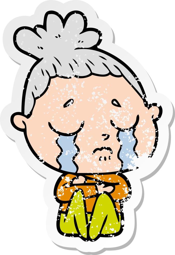 distressed sticker of a cartoon crying woman hugged up vector