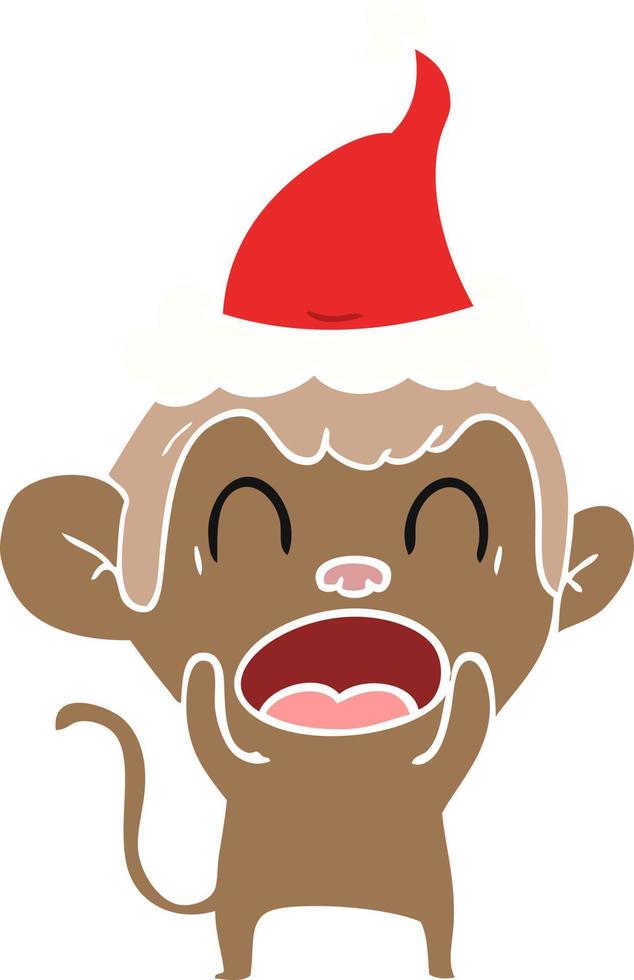 shouting flat color illustration of a monkey wearing santa hat vector