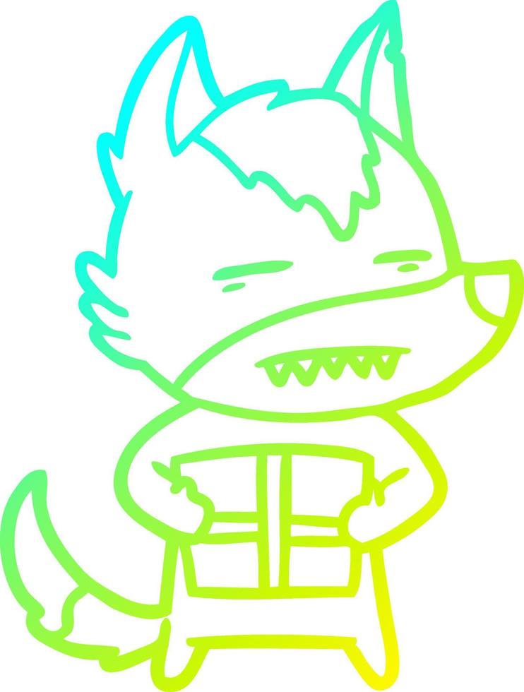 cold gradient line drawing cartoon wolf with a gift vector