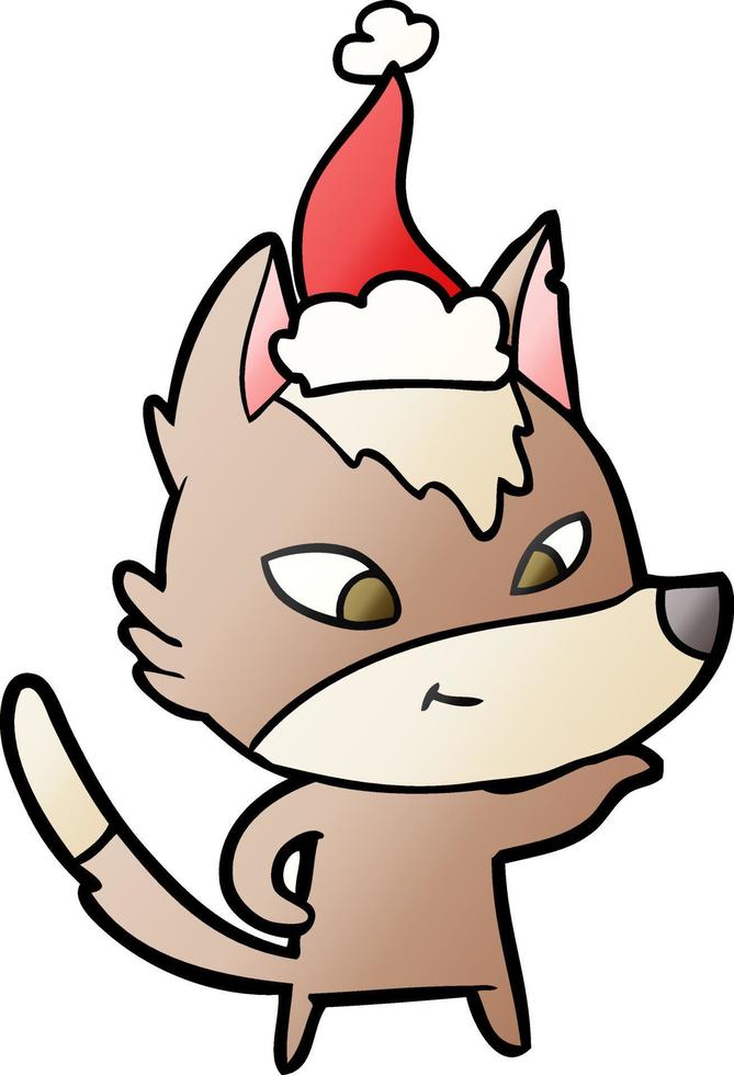 dibujos animados de gradiente amigable de un lobo con sombrero de santa vector