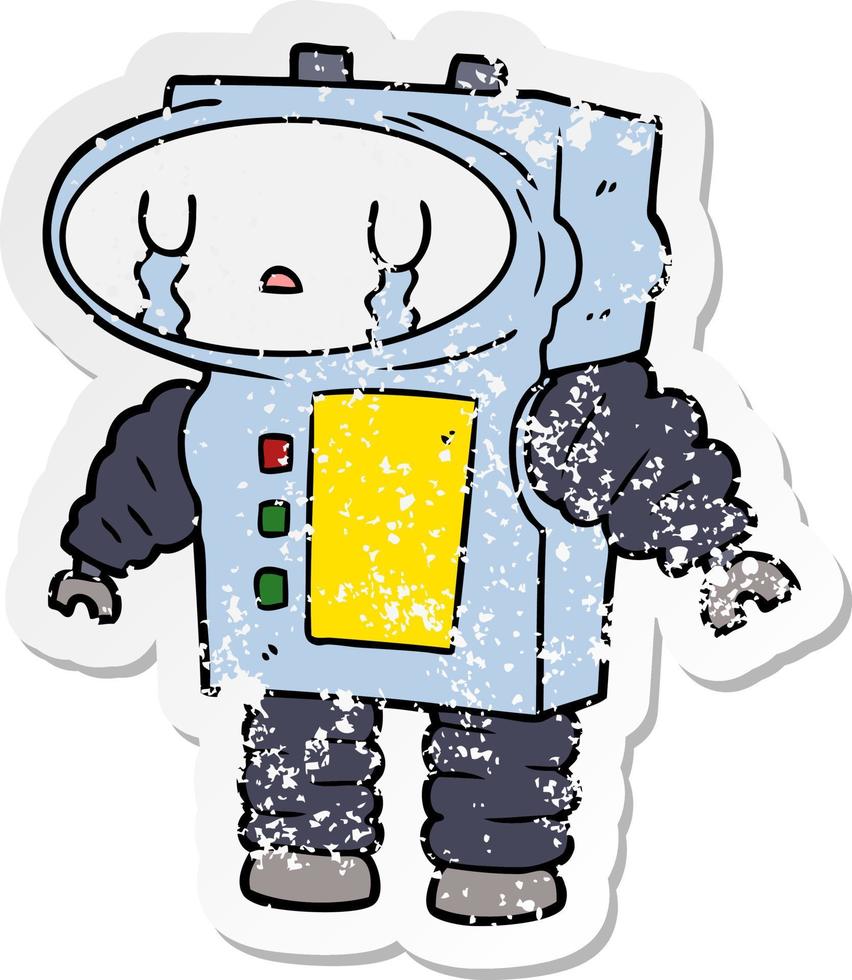 distressed sticker of a cartoon robot crying vector