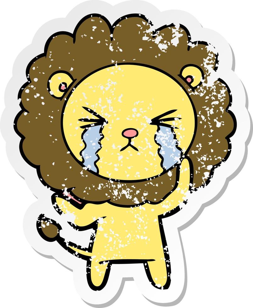 distressed sticker of a cartoon crying lion vector