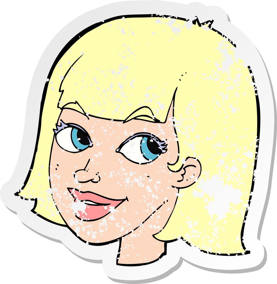 pegatina retro angustiada de una cara femenina feliz de dibujos animados vector