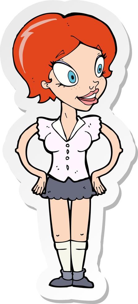 sticker of a cartoon happy woman in short skirt vector