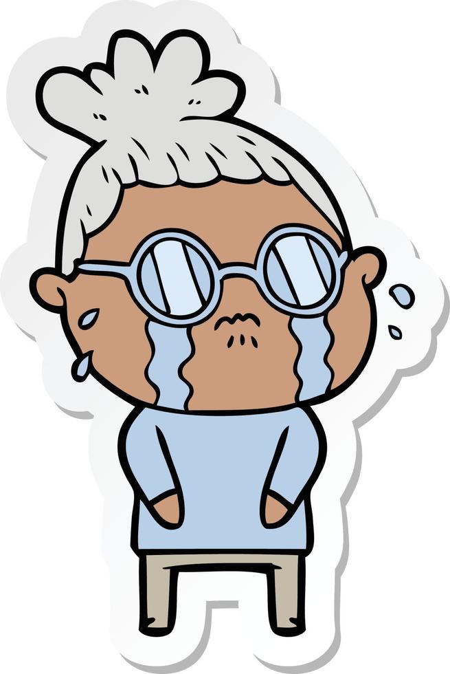 sticker of a cartoon crying woman wearing spectacles vector