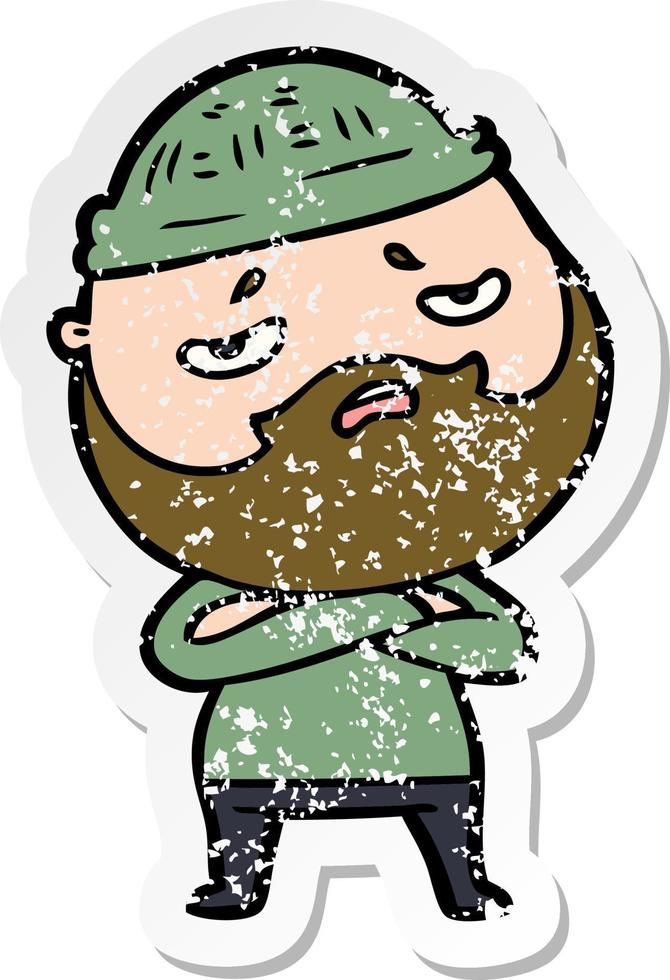 distressed sticker of a cartoon worried man with beard vector