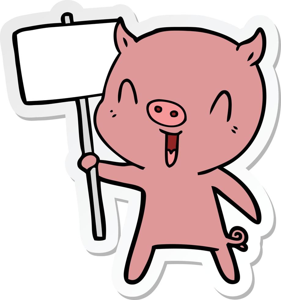 sticker of a happy cartoon pig with sign post vector