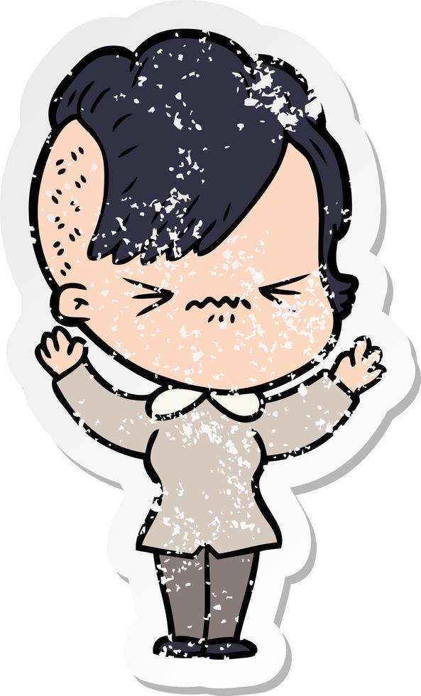 distressed sticker of a cartoon annoyed hipster girl vector