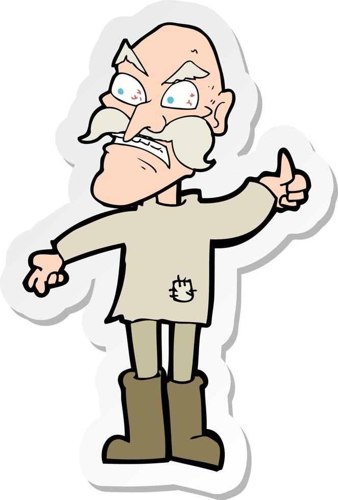 sticker of a cartoon angry old man in patched clothing vector