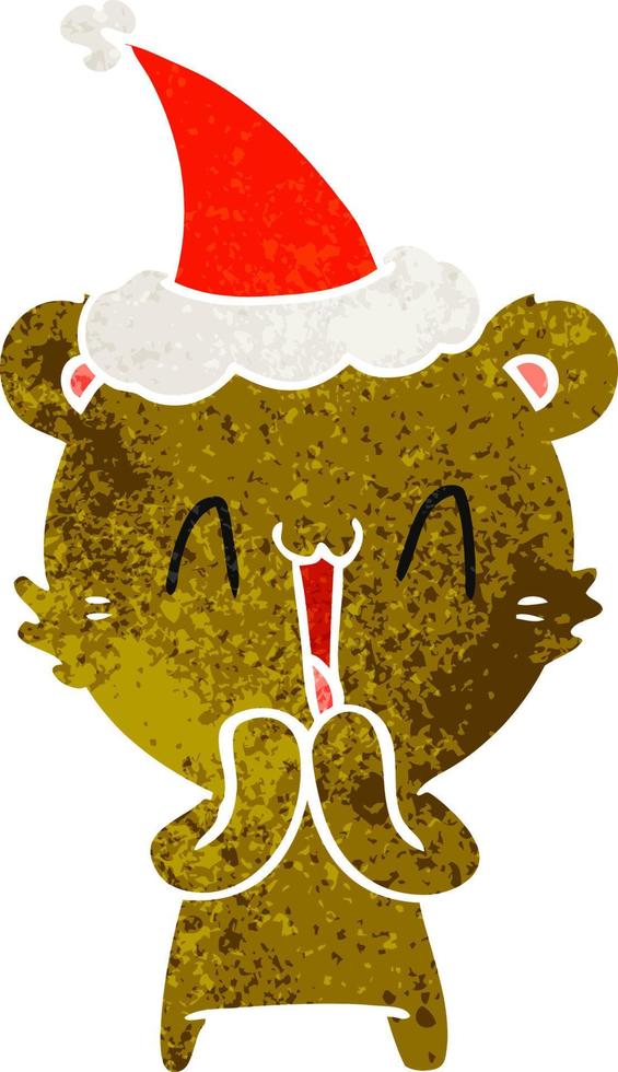 happy bear retro cartoon of a wearing santa hat vector