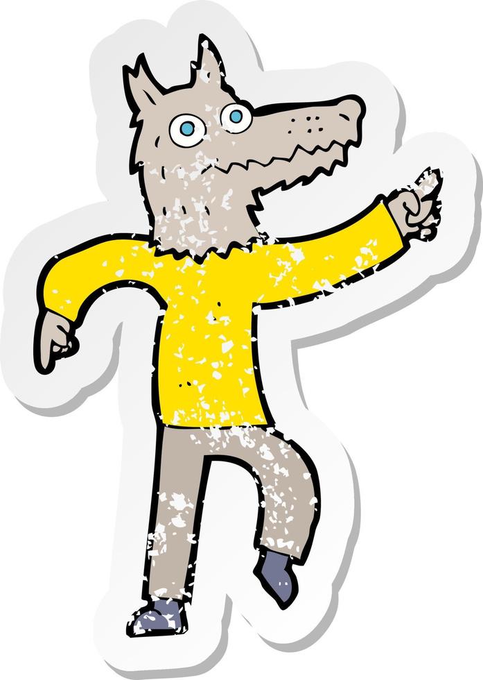 retro distressed sticker of a cartoon wolf man vector
