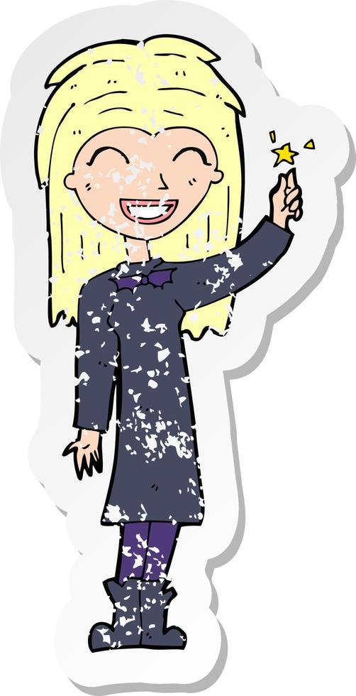 retro distressed sticker of a cartoon friendly witch girl vector