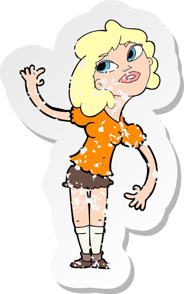 retro distressed sticker of a cartoon woman waving vector