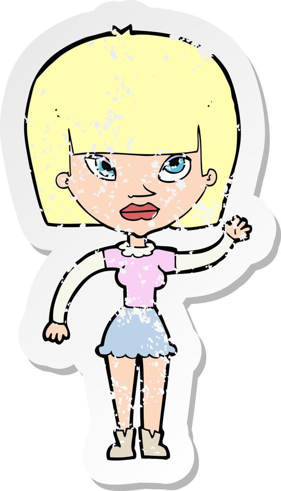 retro distressed sticker of a cartoon woman waving vector