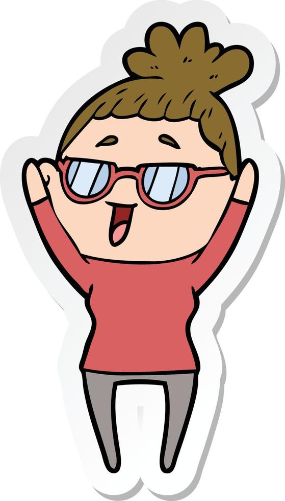 sticker of a cartoon happy woman wearing spectacles vector