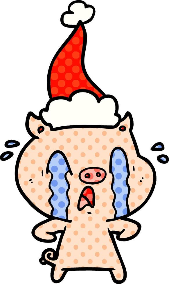 crying pig comic book style illustration of a wearing santa hat vector