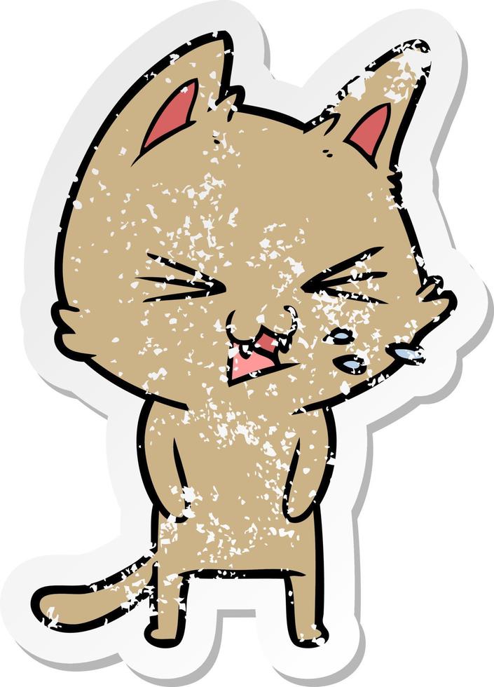 distressed sticker of a cartoon cat hissing vector