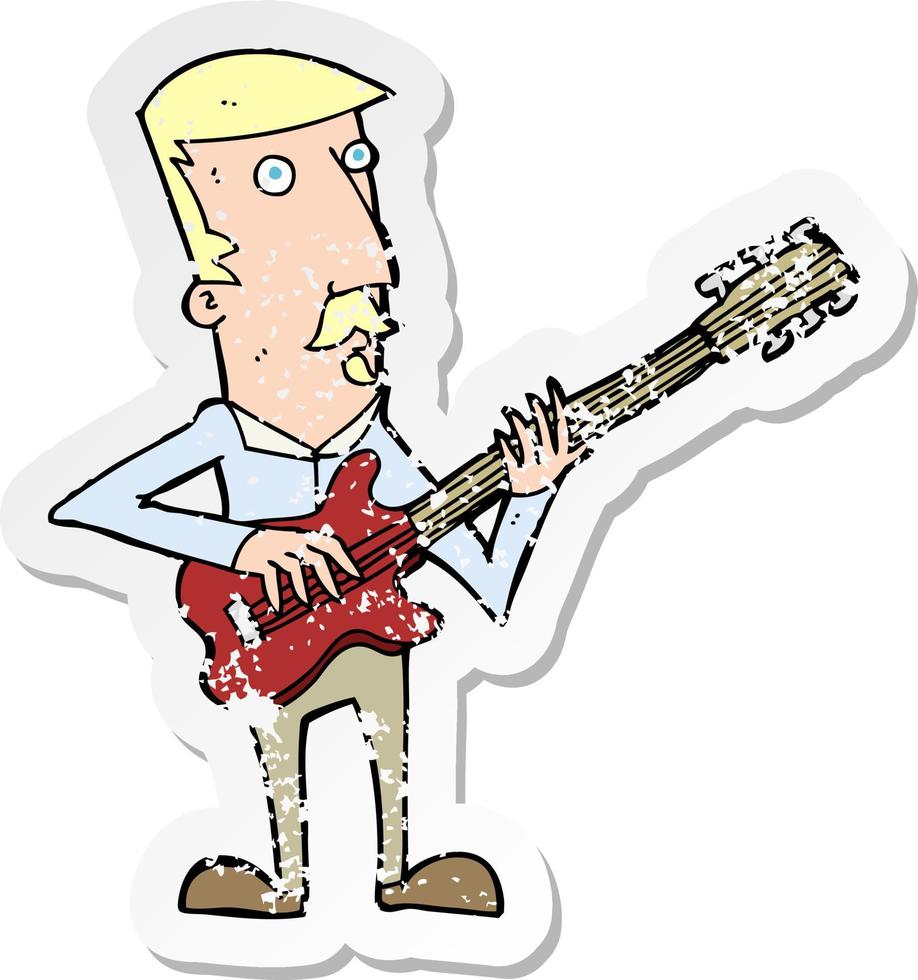 retro distressed sticker of a cartoon man playing electric guitar vector