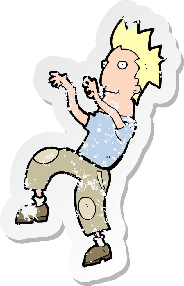 retro distressed sticker of a cartoon happy man doing funny dance vector