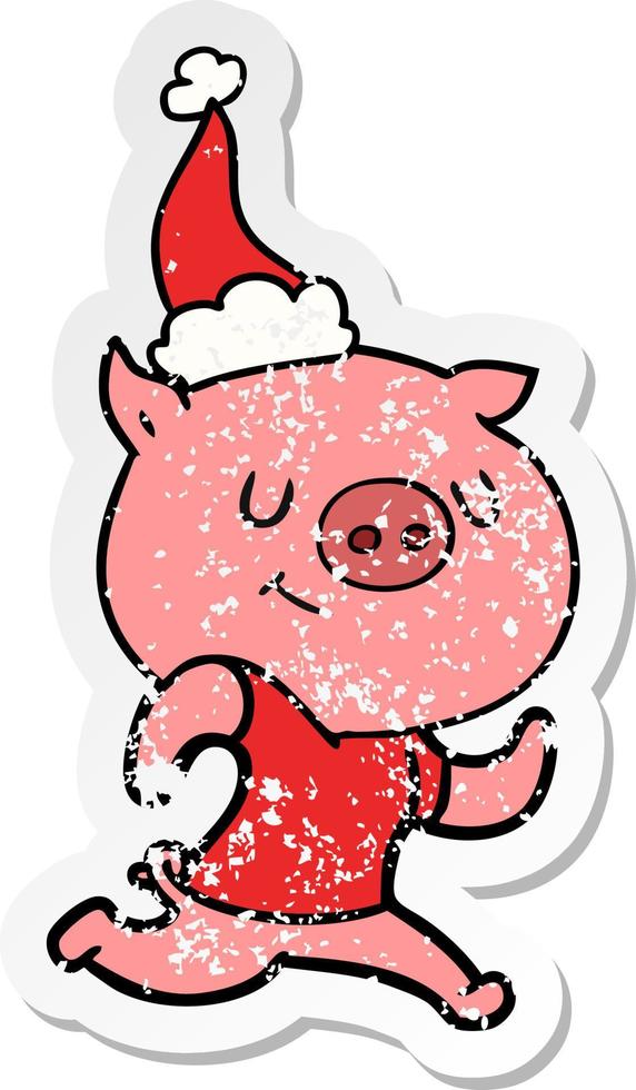 happy distressed sticker cartoon of a pig running wearing santa hat vector