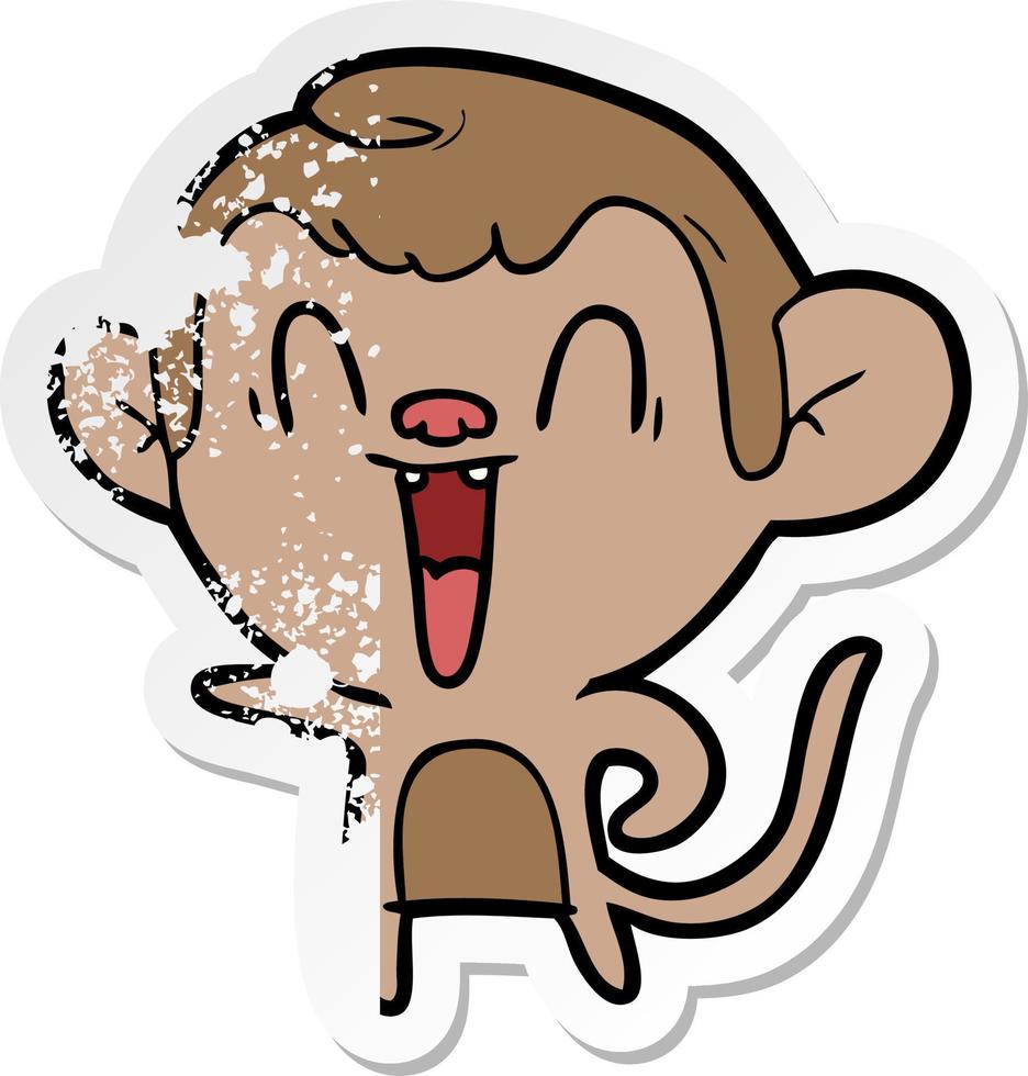 distressed sticker of a cartoon laughing monkey vector