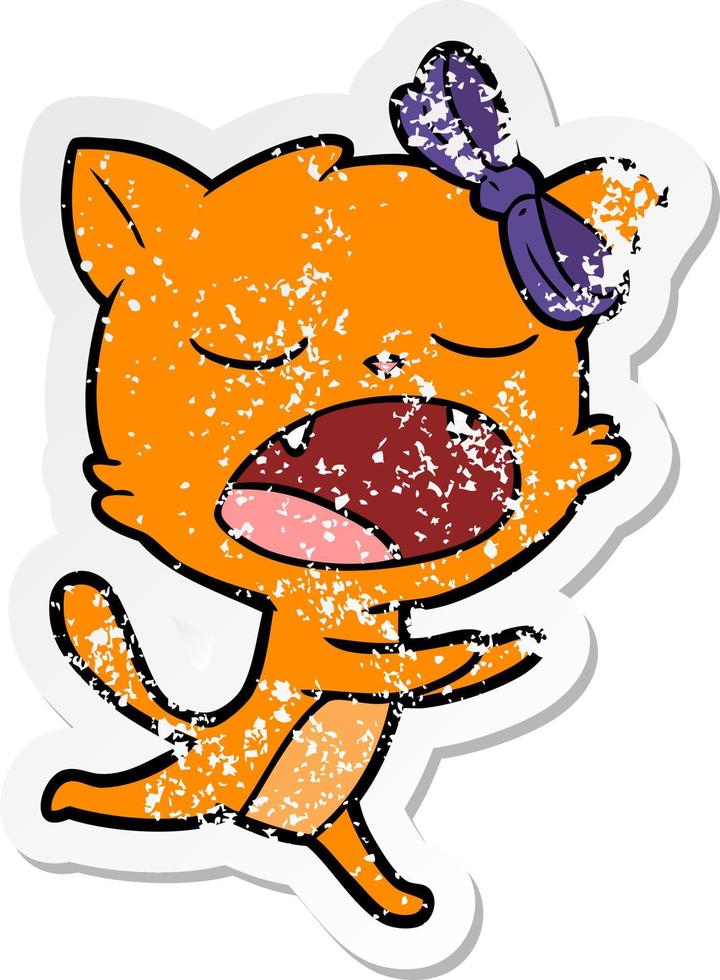 distressed sticker of a cartoon yawning cat vector
